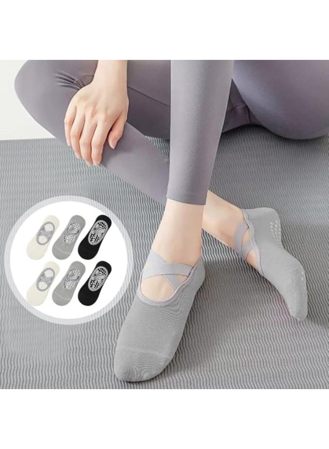 LYNLYN 5 Pairs Yoga Grip Socks for Women, Non-Slip Pilates Socks with Straps, Combed Cotton Anti-Skid Barre Ballet Workout Socks in Black White Grey - Image 3
